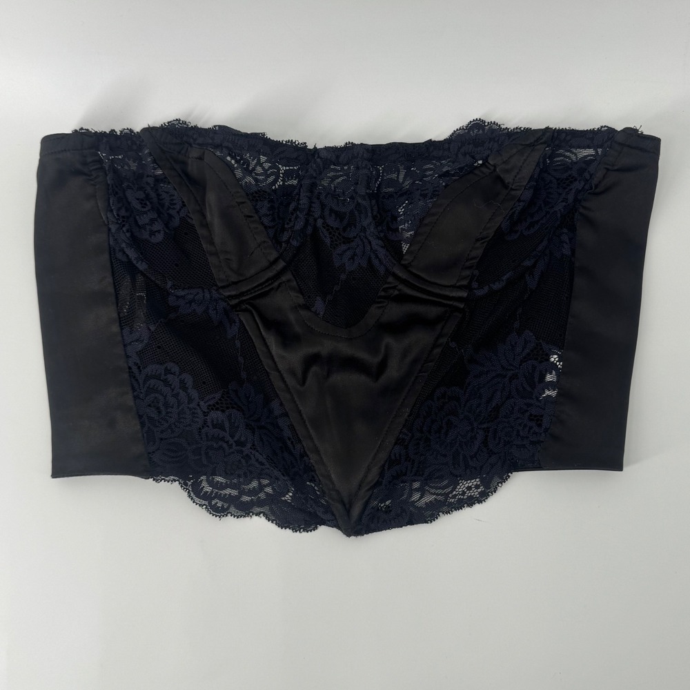 Princess Polly Black Lace Satin Strapless Corset Crop Top Size US 6 Zipper Back
